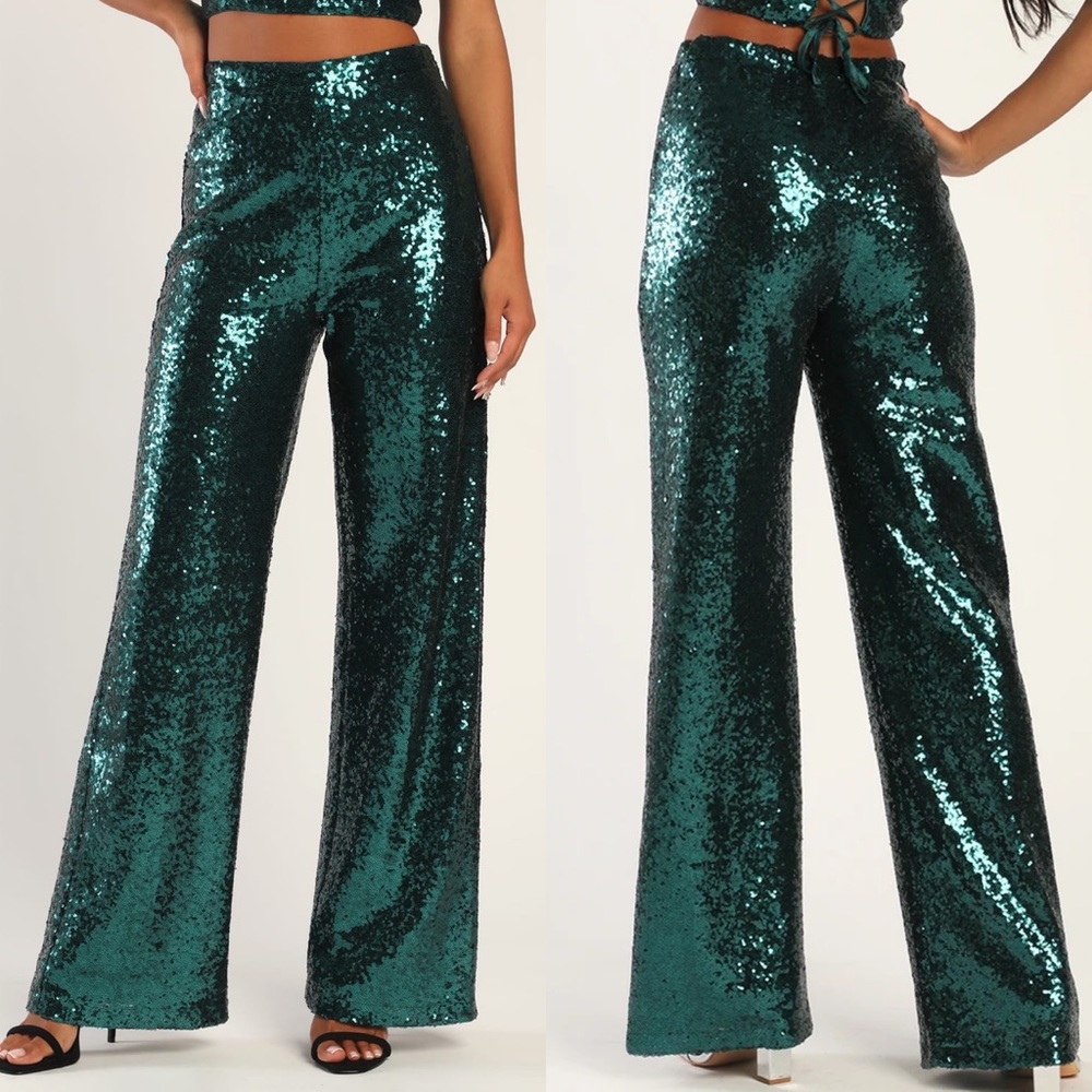 Lulus Pant Small Teal Green Sequin High Waist Wide Holiday Party Cocktail NWT